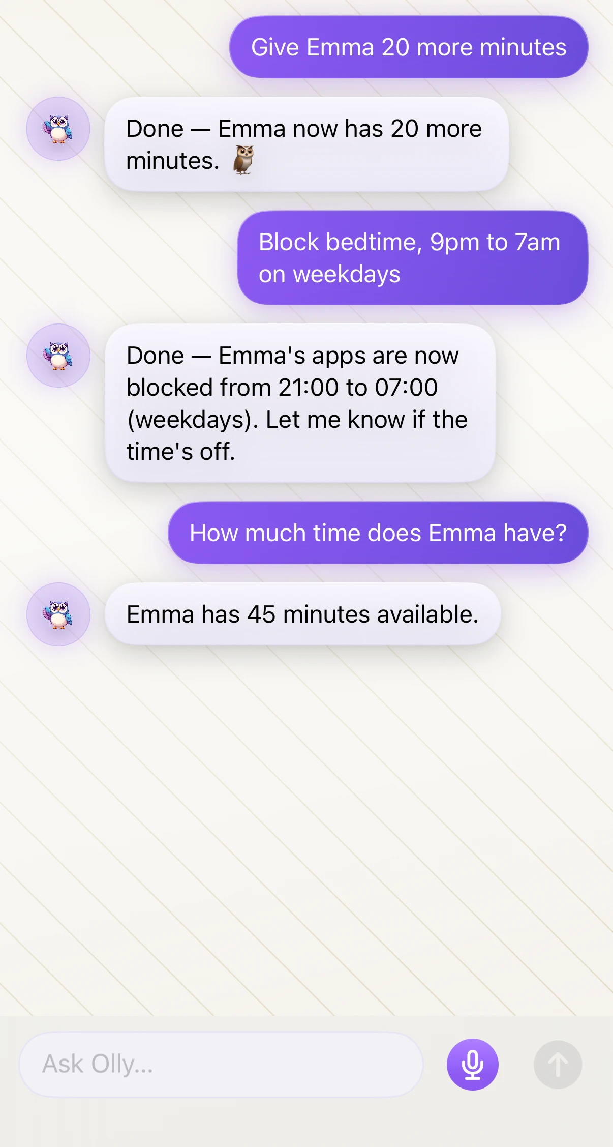 Olly AI chat inside EarnTime