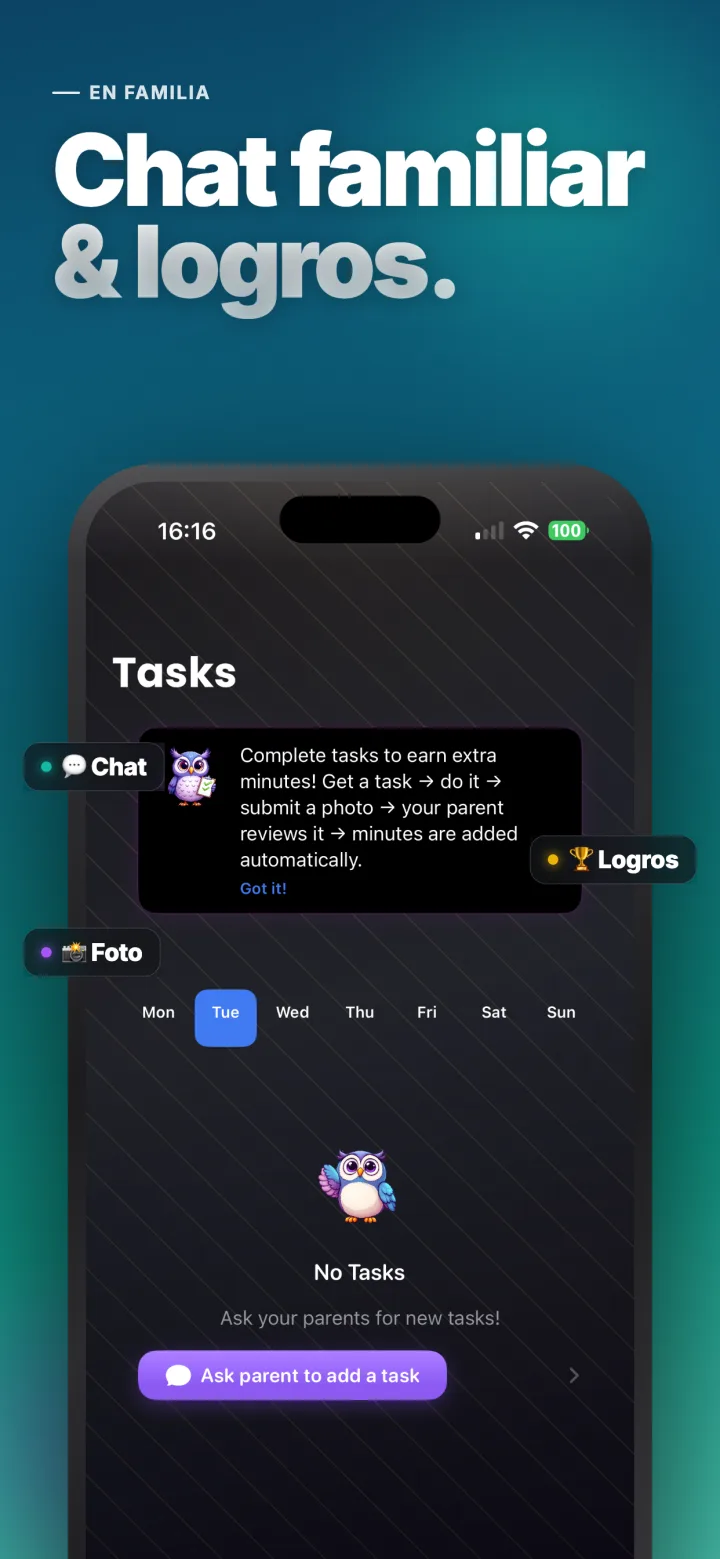 Chat familiar, recompensas y progreso